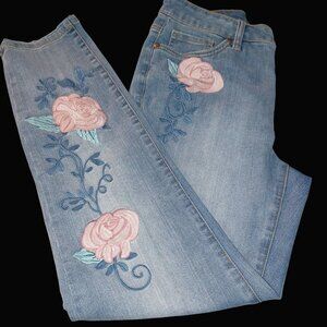 Girly sz 6 Blue Denim Jeans Whimsical Boho Skinny/Jeggings Floral Embroidery